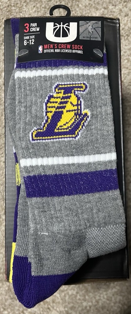 LA Lakers Crew Socks 3 Pairs Shoe Mens Size 6-12 NBA Gray Purple Black NOS