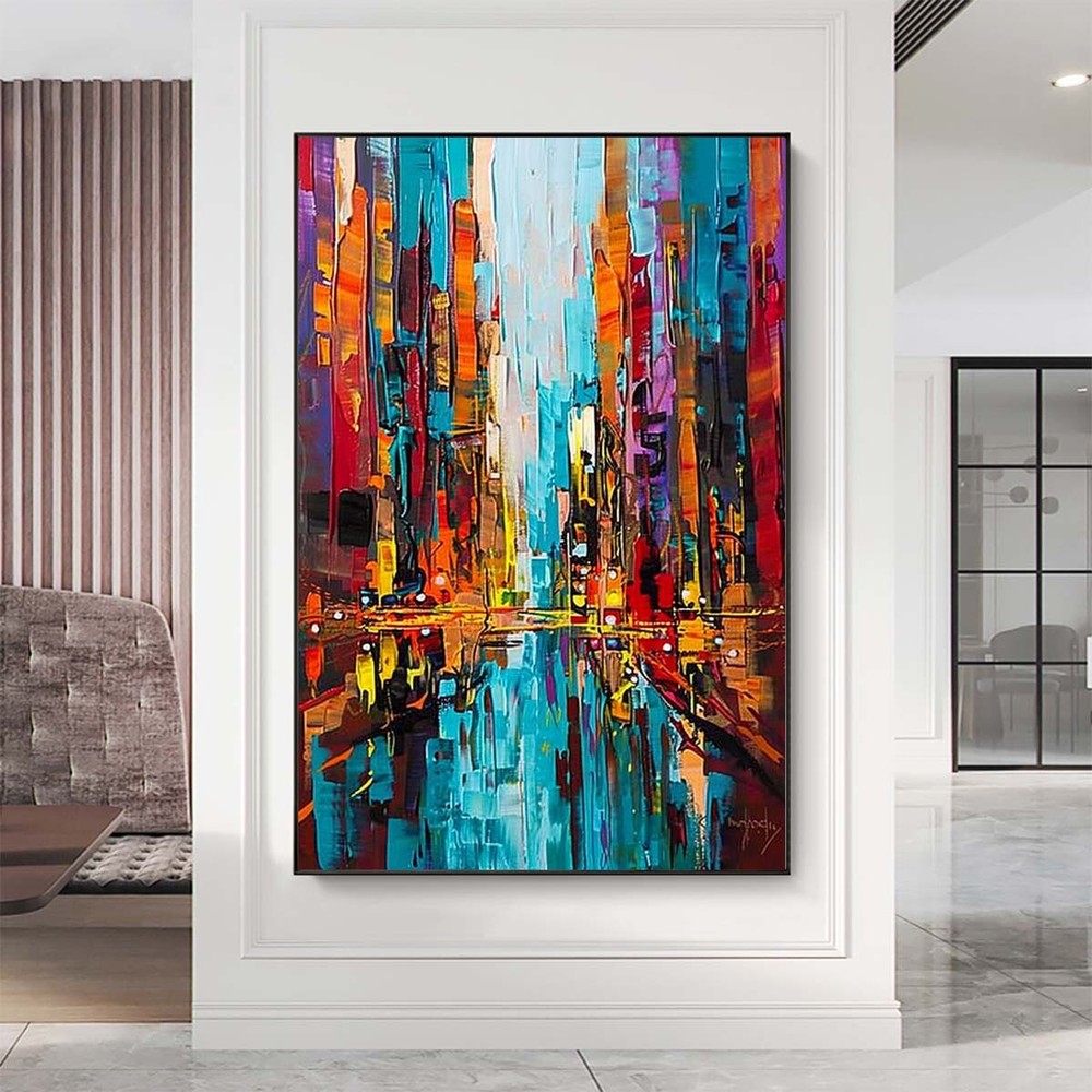 Blue Red Hand-Painted Oil Painting Modern Reflection City Wall Art Abstract