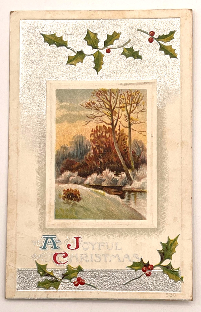 1909 A Joyful Christmas Postcard Silver Foil Winter Scene Holly Embossed