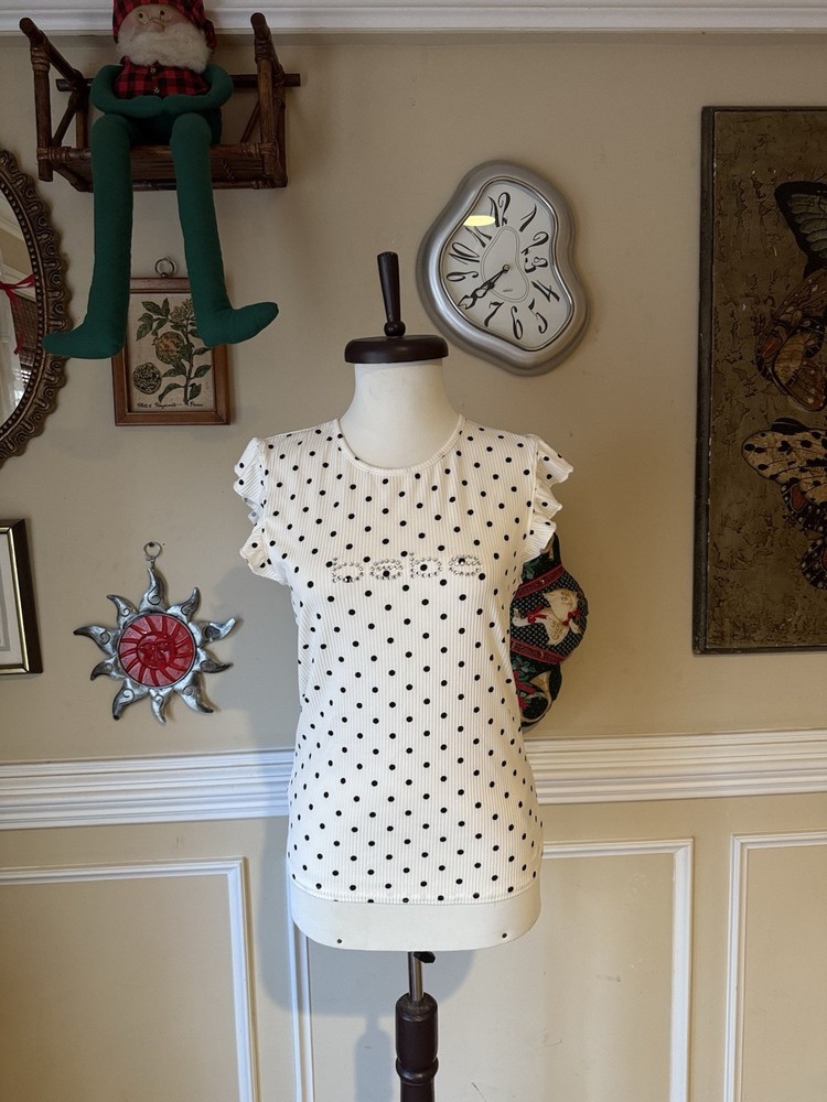 Women’s Bebe White & Black Polka Dot Top w/ Ruffled Sleeves Size: Medium