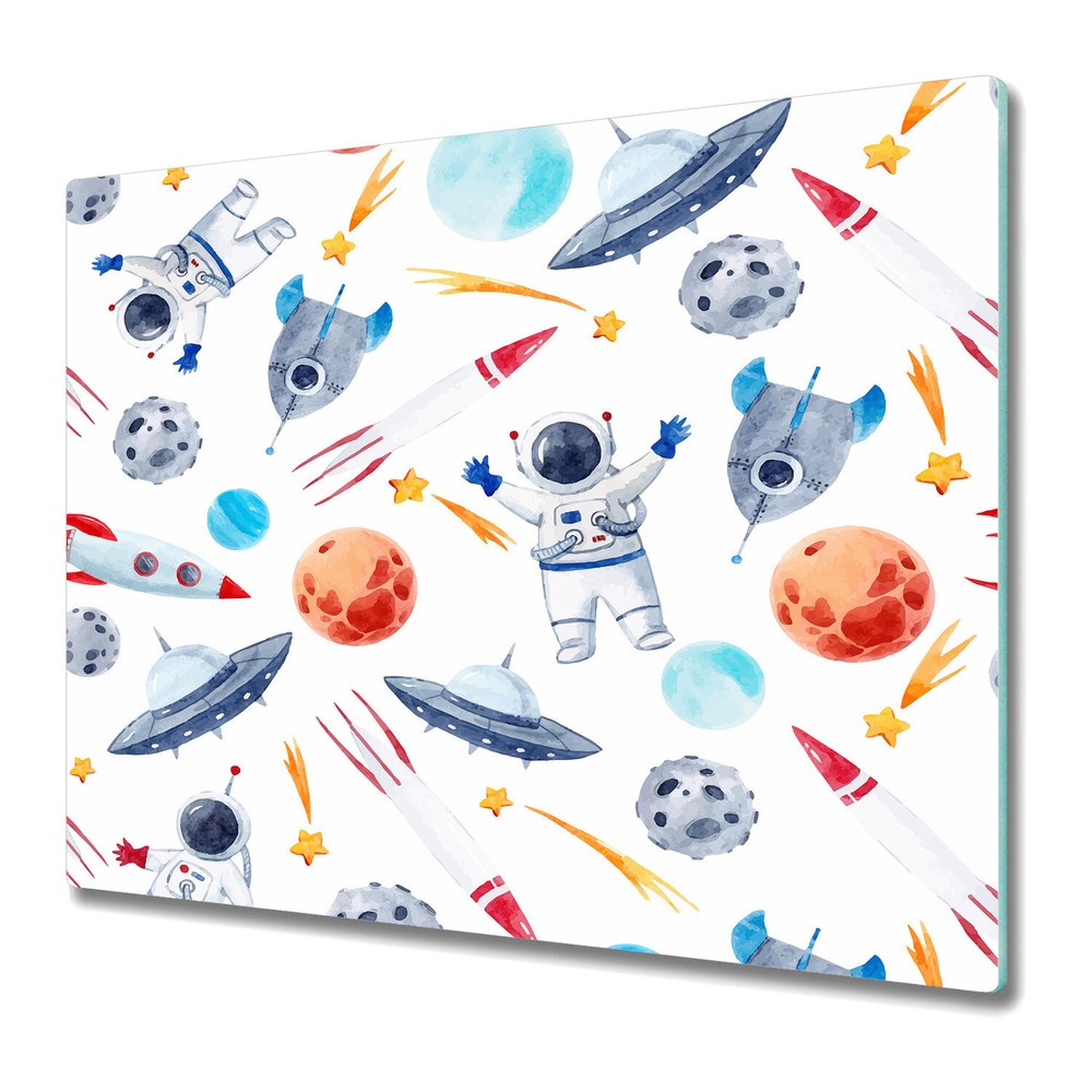 Glass Chopping Cutting Board Astronaut Galaxy Rocket Planet Colourful 60x52