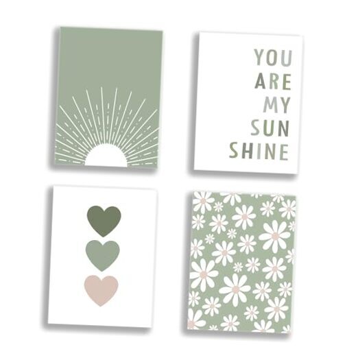 Boho Sage Green Wall Art Set of 4, You Are My Sunshine Canvas Prints, Daisy