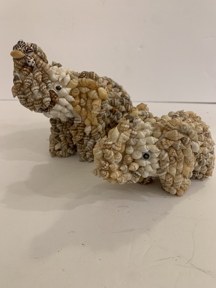 2 Elephants Sea Shell Encrusted Trunk Up Figures Philippines Coastal Decor