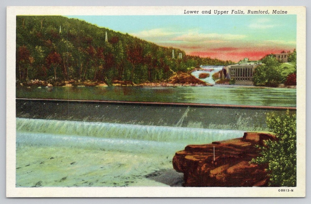 Vintage Postcard Lower & Upper Falls Rumford Maine Curteich C.T. American Art