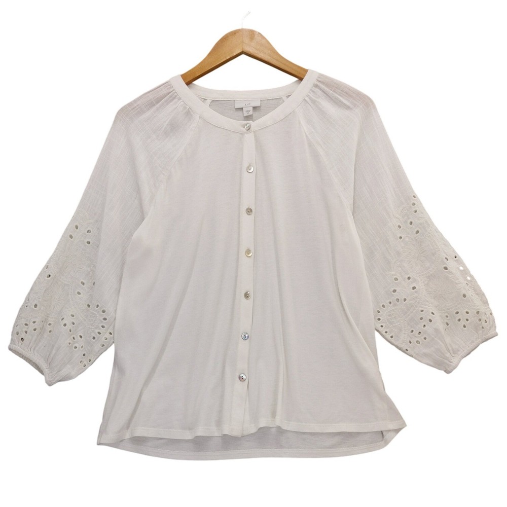 J.Jill White Embroidered Sleeve Button Down Top Shirt XS Womens