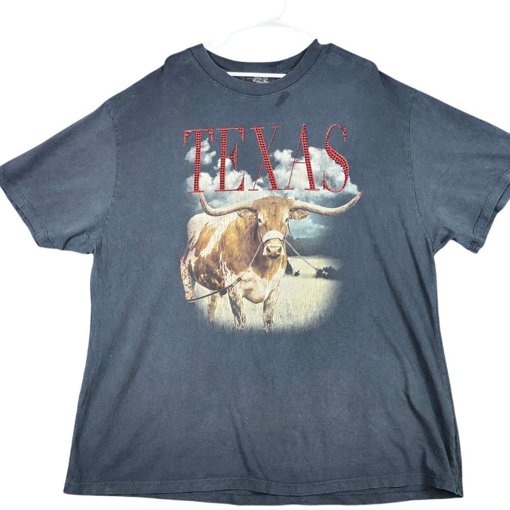 Texas Longhorn Western Distressed Graphic Tee with Red Rhinestones  