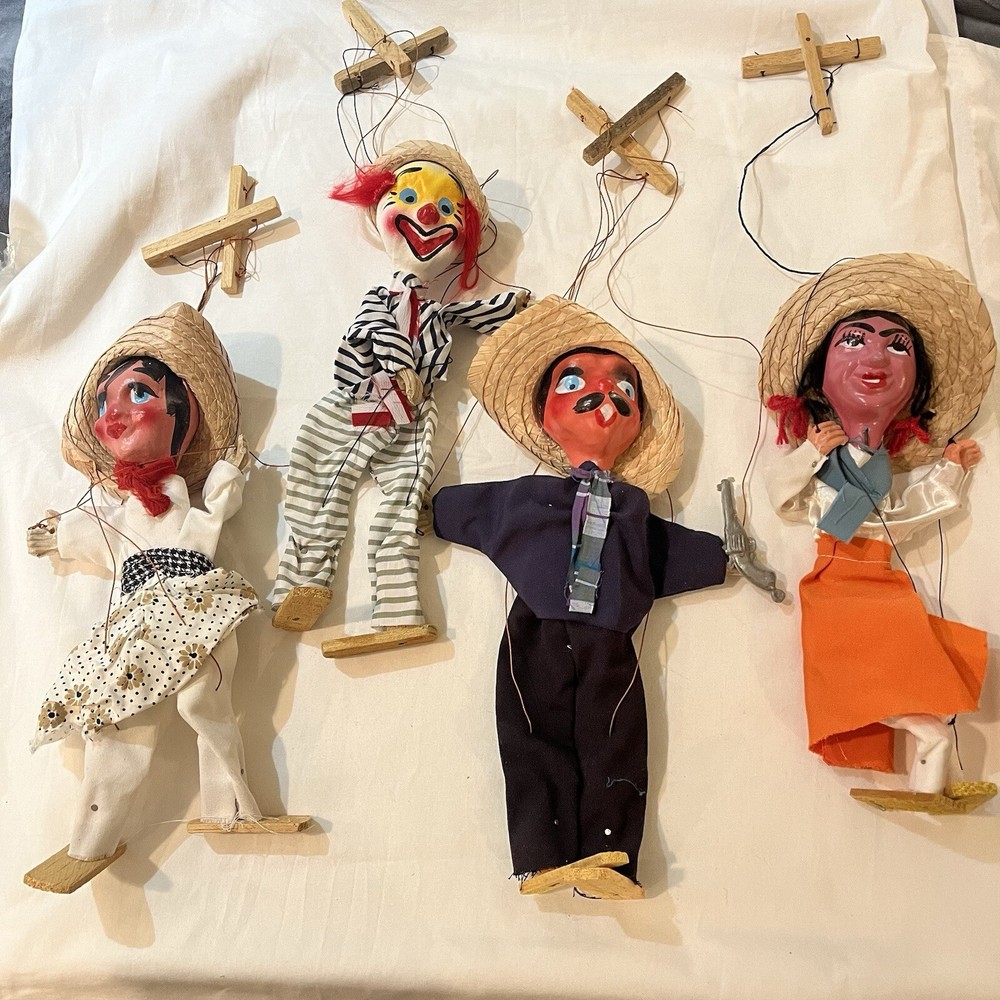 VTG 4 Mexican Bandidos & Other Mexican Marionette String Puppets Plaster Head