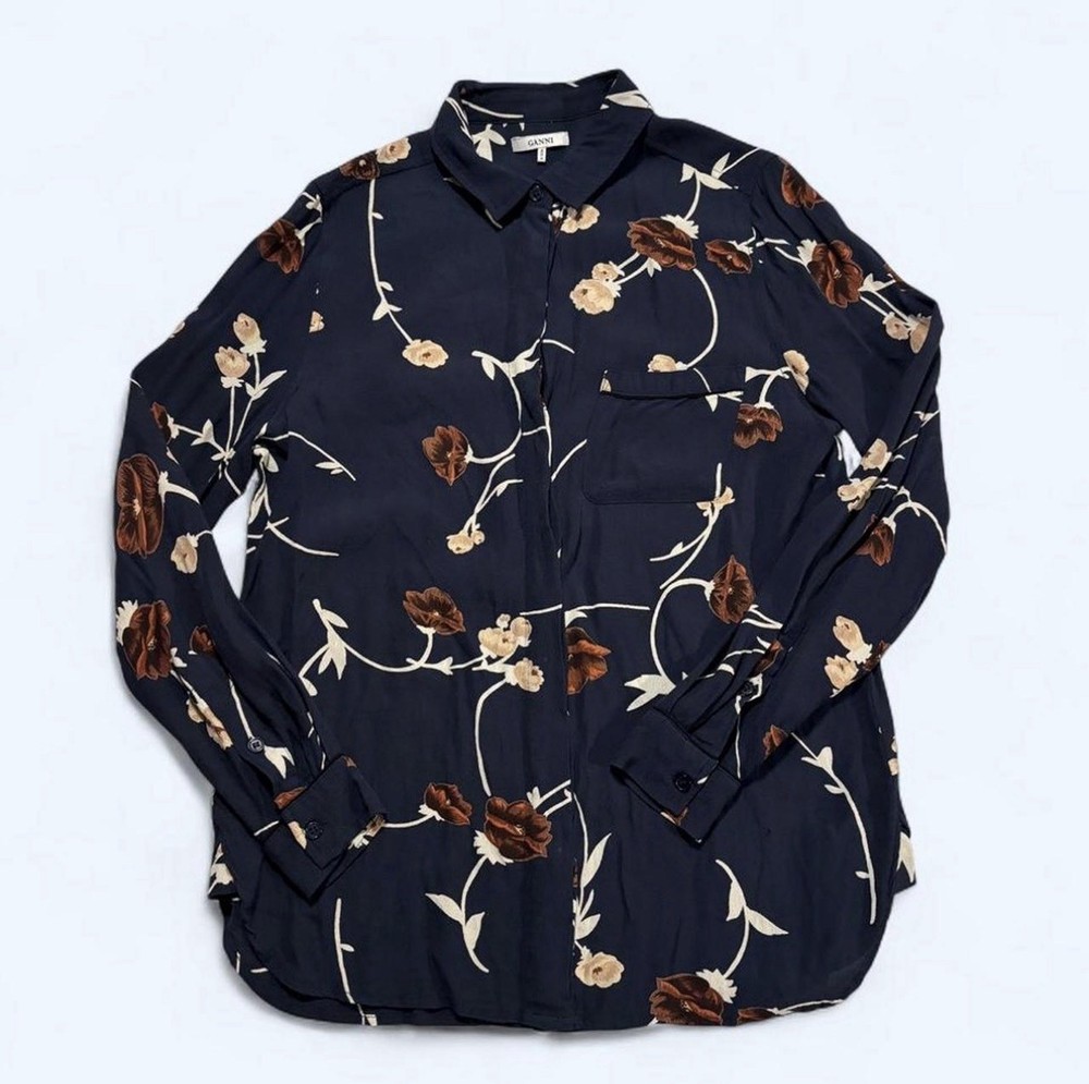 Ganni Dalton Crepe Floral Print Shirt Blouse Navy Sz S EU 36 Boho Small Hole