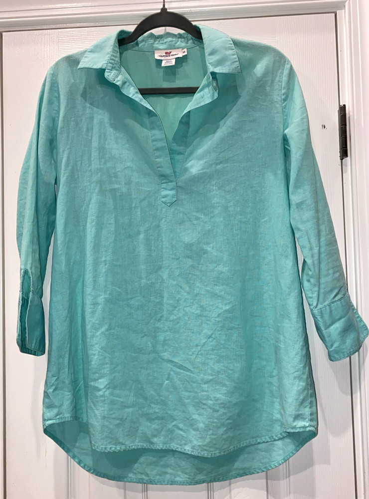 Womens Vineyard Vines Popover Tunic Top Linen Blend Mint Green Beachy Resort Xs