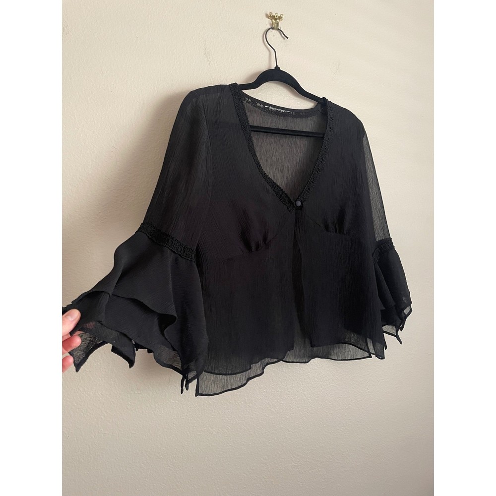 VTG Y2K Black Sheer Flare Sleeve Babydoll Top XLarge Fairy Gunge Whimsigoth Goth