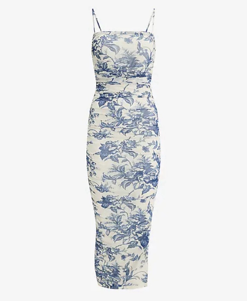 Express Body Contour Mesh Floral Ruched Side Slit Midi Dress Size XL Blue White