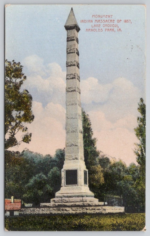 1916 Arnolds Park IA Indian Massacre Monument Lake Okoboji Postcard