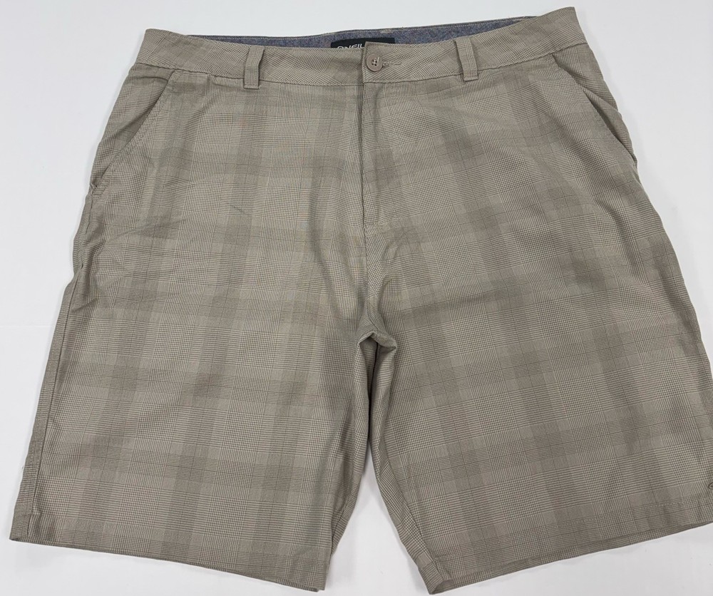 O’Neill Chino Skater Shorts Men 36/10 Tan Plaid Flat Front Logo’d Beach Shorts