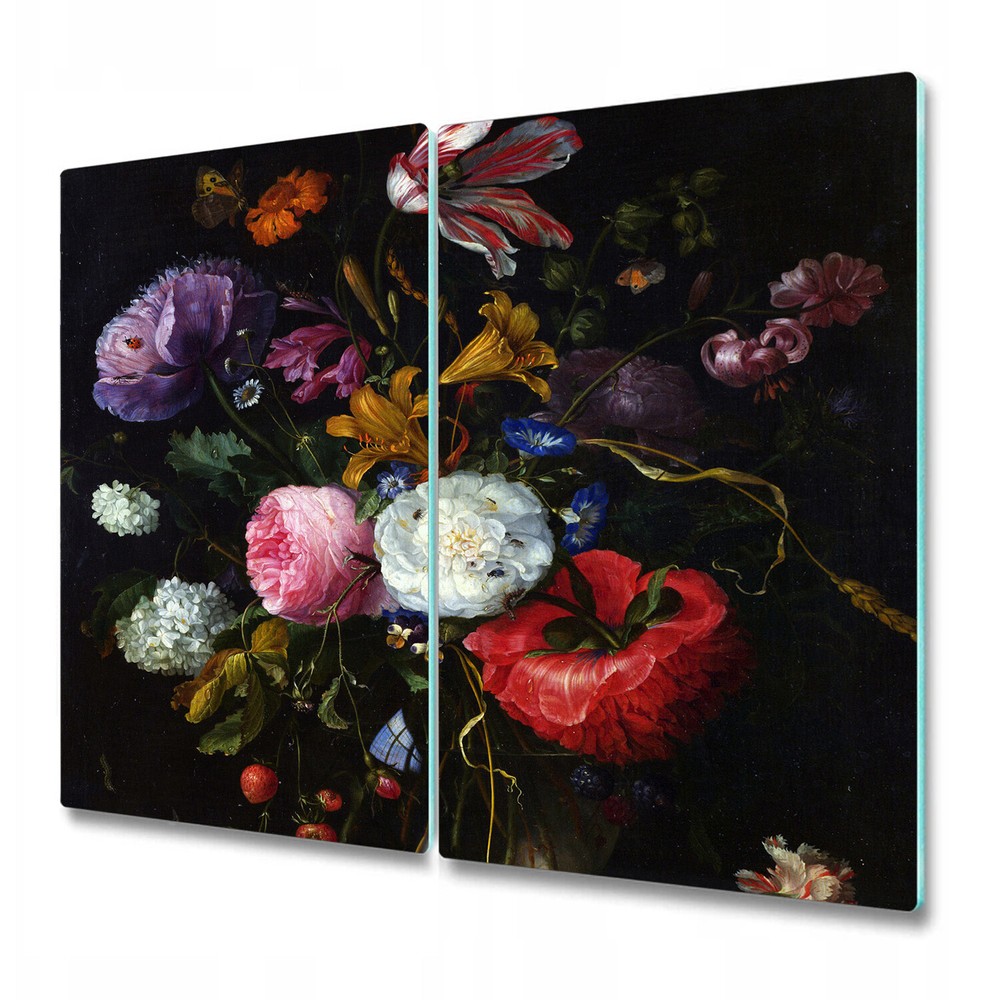 Glass Kitchen Chopping Serving Board Dutch Floral Oil Painting Century 2x30x52