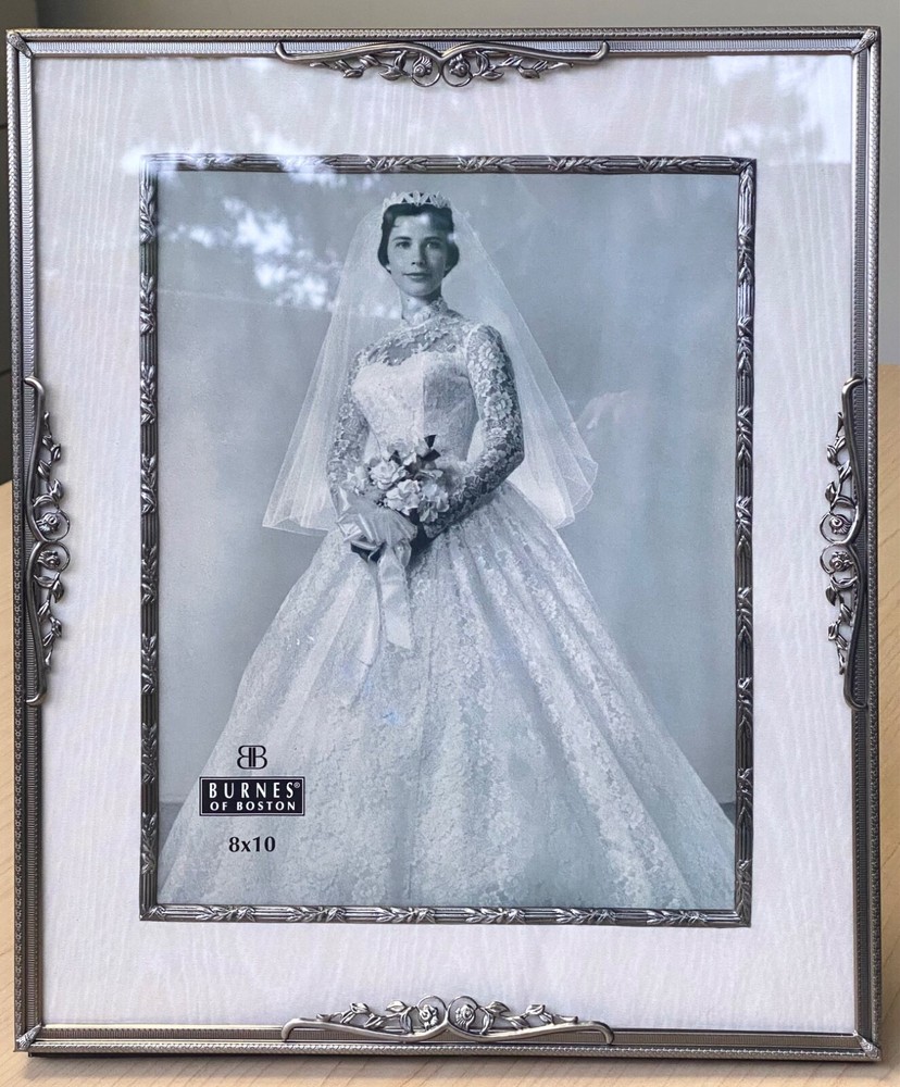 Burns of Boston Pewter Silver Ornate White Fabric Matte Floral 8x10 Photo Frame