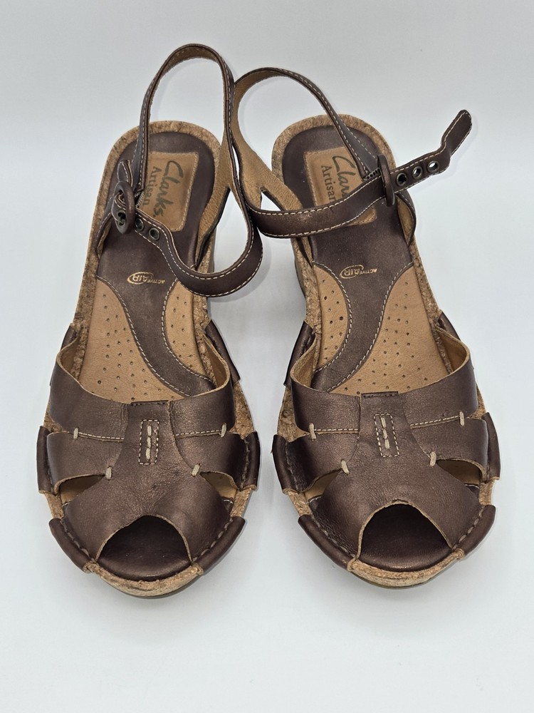 Clarks Artisan Alameda Womens Bronze Metallic Leather Cork Wedge Sandal Size 8 Medium