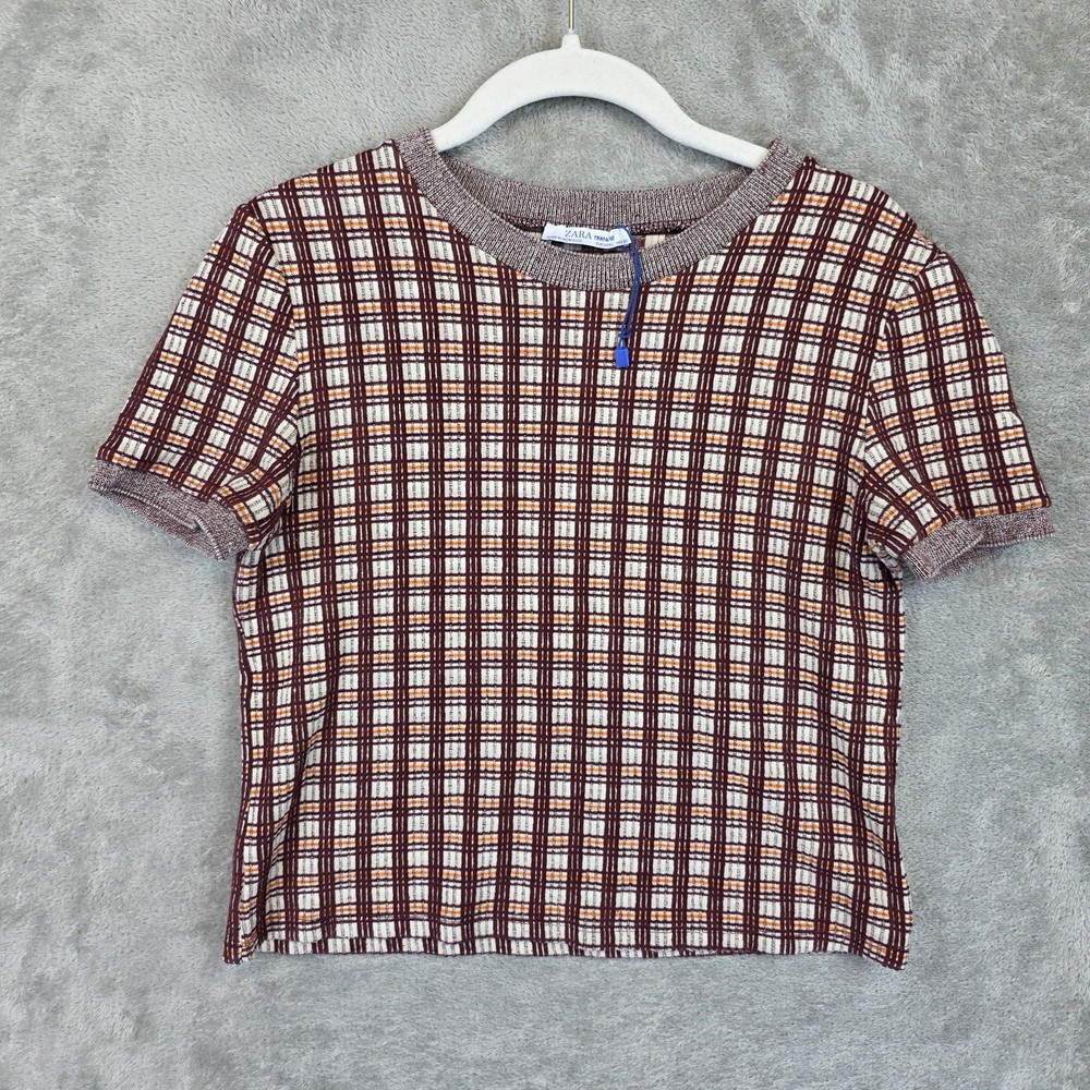 Zara Trafaluc T-Shirt Womens L Red Plaid Crew Neck Short Sleeve Cropped Knit