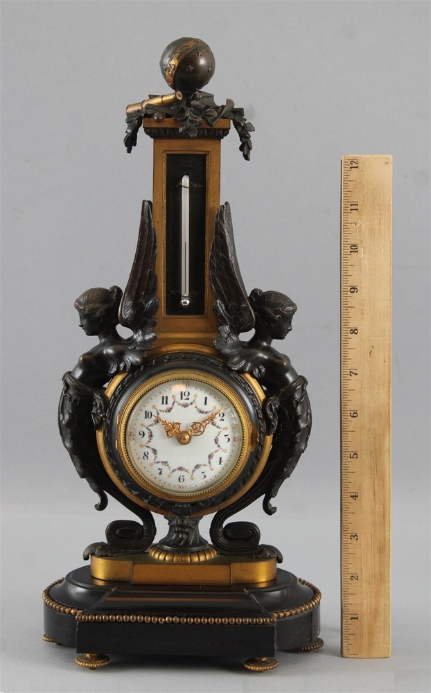 Antique 19thC French Maison Giroux Bronze Angels Astronomy Celestial Globe ClockGold Gilt & Patinated Bronze w/ Thermometer…NO RESERVE