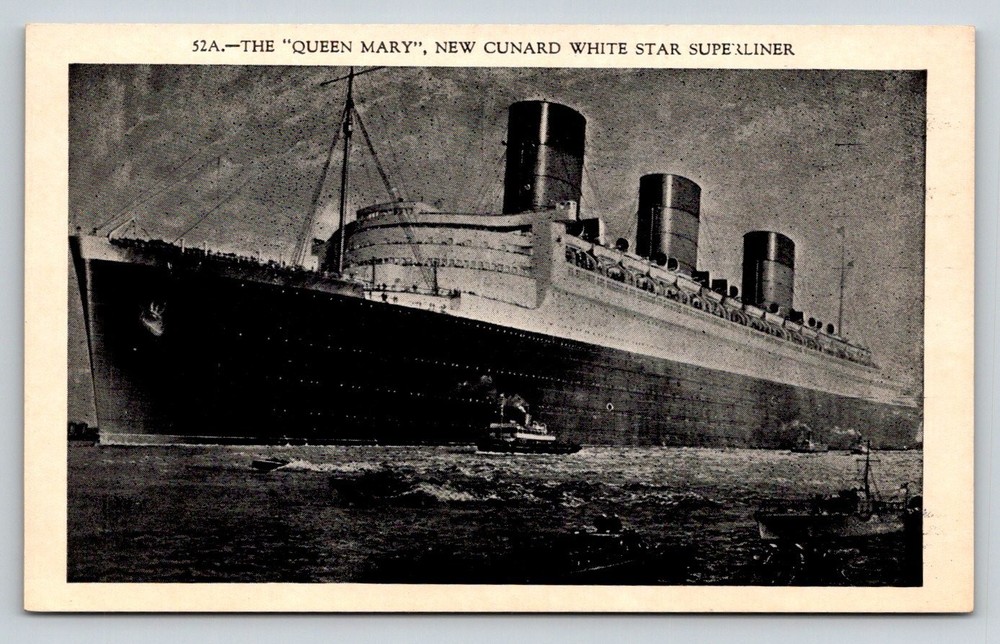 RMS Queen Mary Cunard White Star Superliner Ship Postcard Vintage 1930s Ocean