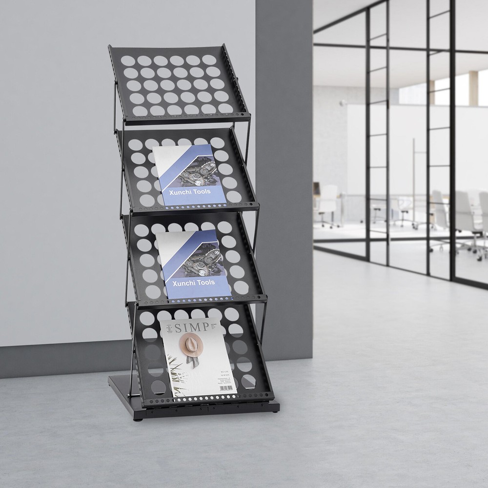 4 Tiers A3 Brochure Holder Literature Display Rack Portable Black Magazine Stand