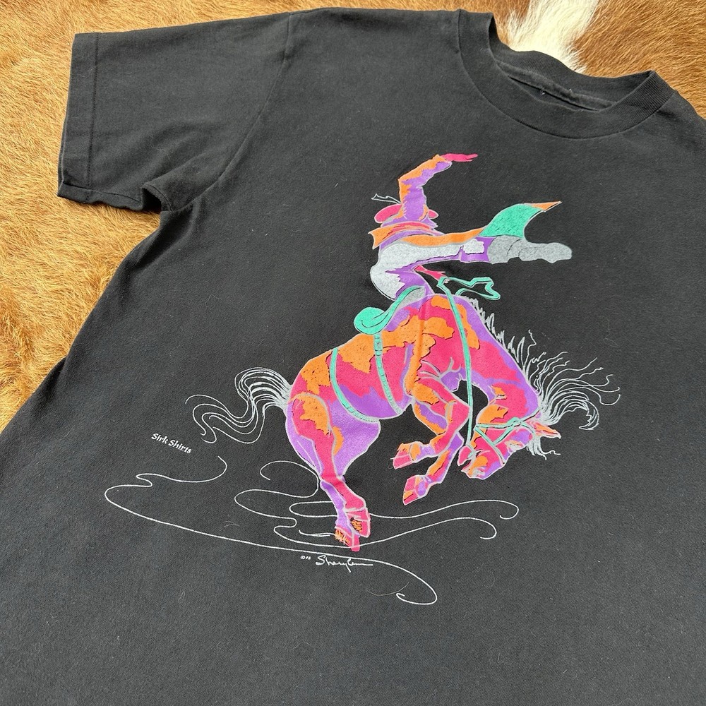 Vintage 90s Bronco Rodeo Graphic T Shirt Neon Cowboy Horse Retro M Western Bull