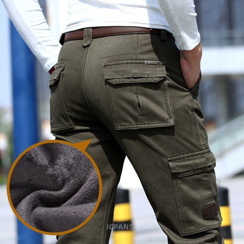 Winter Fleece Cargo Casual Pants Men's Straight Leg Loose Multi-pocket Casual Pa