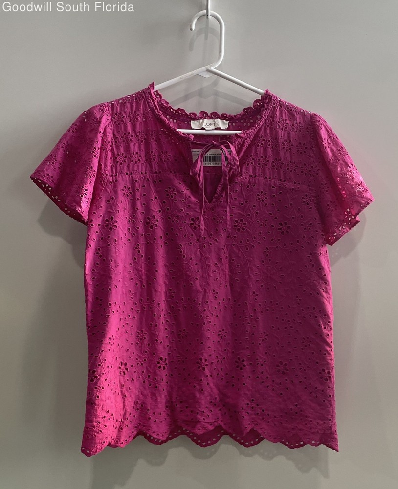 Loft Womens Fuchsia Tie Neck Eyelet Short Sleeve Scalloped Blouse Top Size XS
