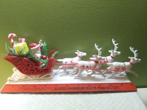 Vintage Plastic Santa In Sleigh Waving With Six Reindeer