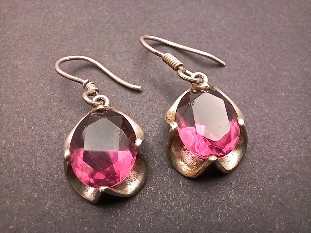 Vintage Mexico Sterling Silver 925 Magenta Purple Faceted Stone Dangle Earrings