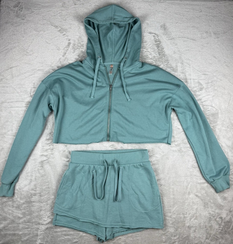 Mono B Aqua Blue Cropped Hoodie Lounge Set Womens Medium Y2K Athleisure
