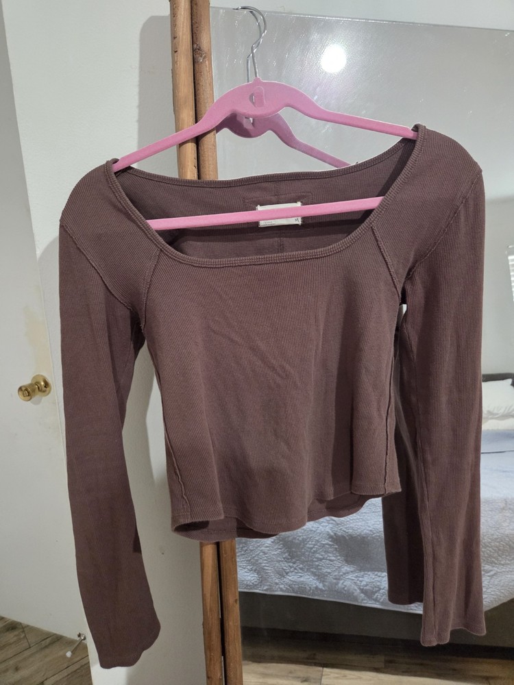 We The Free Brown Cropped Ribbed Long Sleeve Top Square Neck Women's M