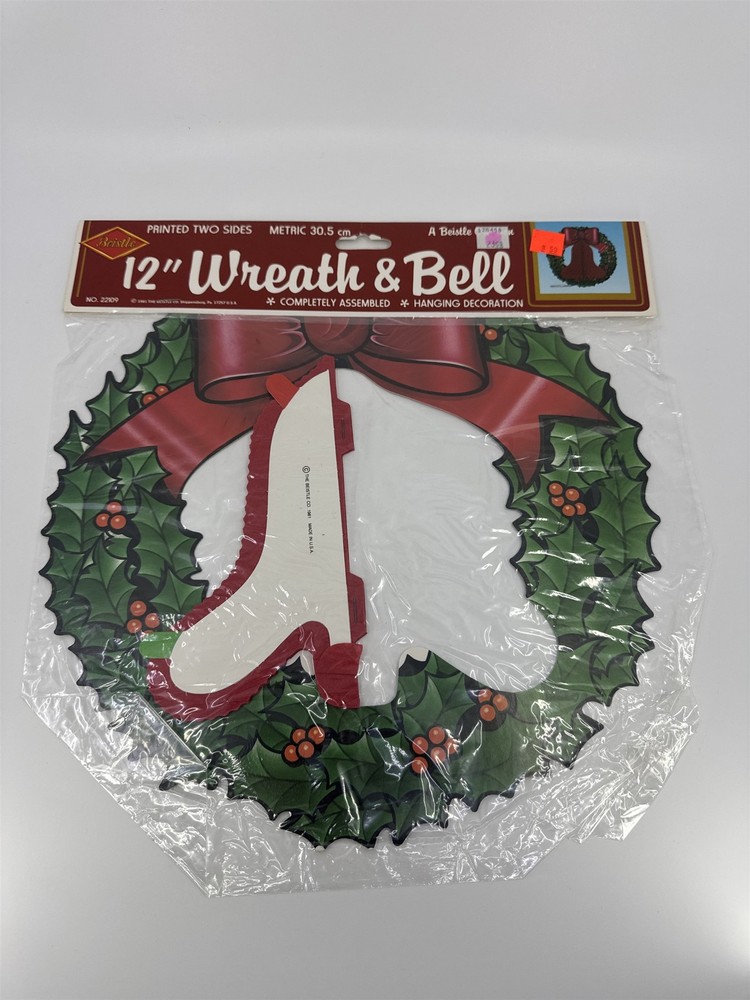 Vintage Beistle 12 Inch Christmas/Holiday Wreath W/ Honeycomb Bell Centerpiece