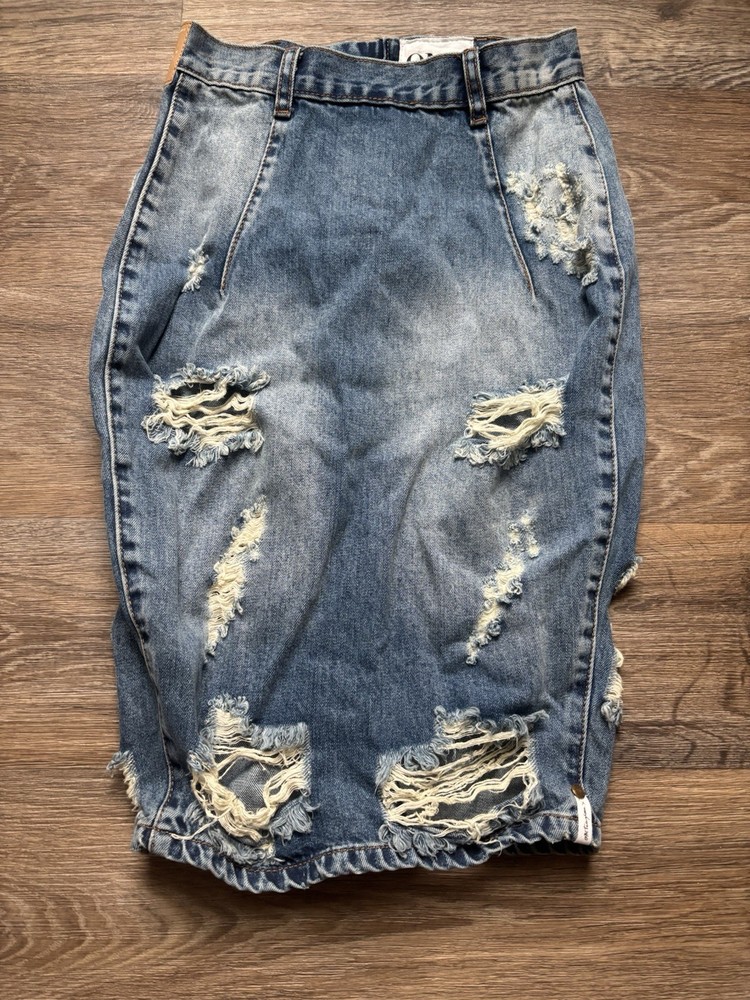 One by One Teaspoon Freelove Distressed Denim Pencil Skirt High Rise Size 24