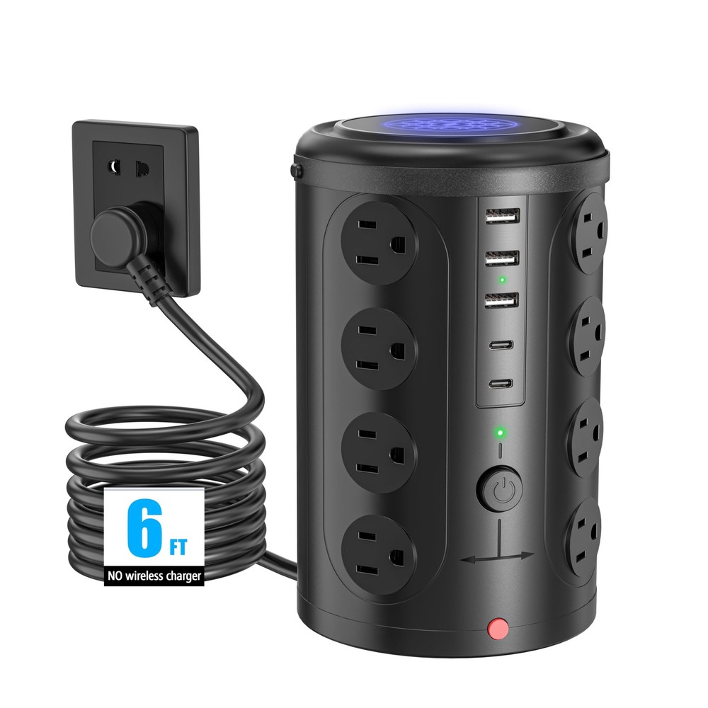 Tower Power Strip Surge Protector with 6FT without wireless charging, Black