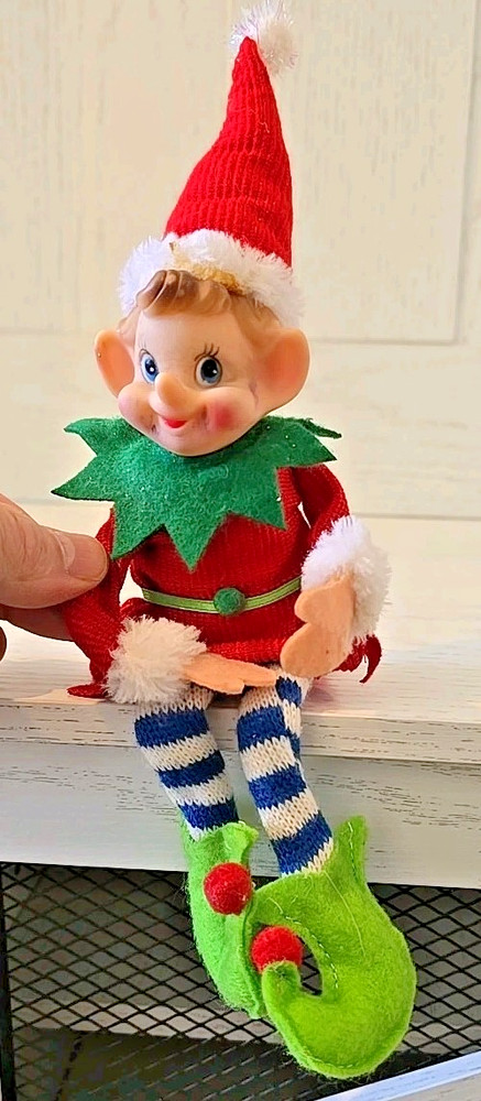 Vintage Doll Elf Pixie Christmas Red White Shelf Sitter Felt & Knit Pipe Cleaner