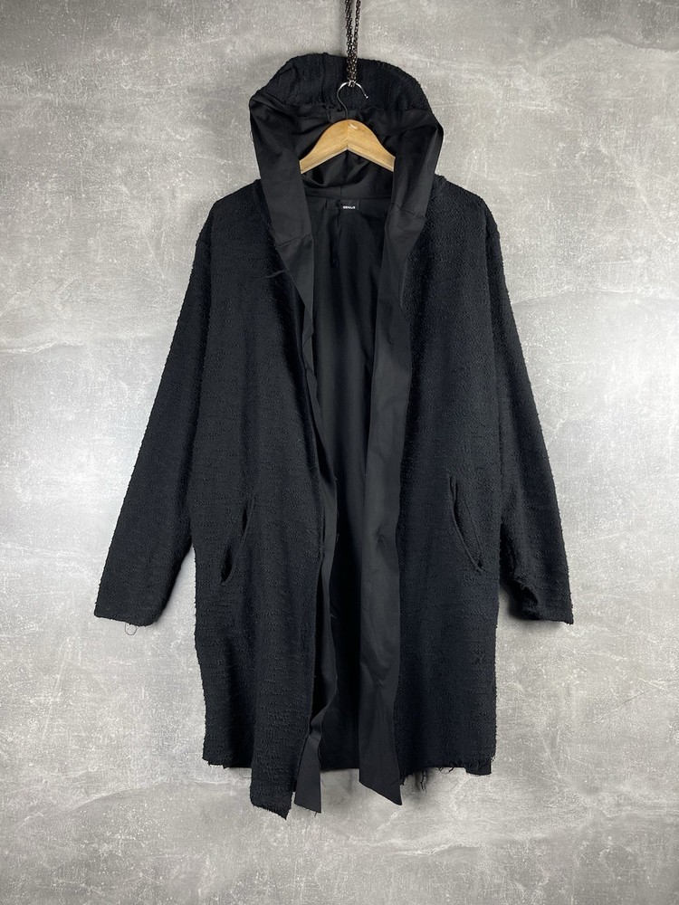 Avant Garde Gothic Opium Black Textured Open Hooded Coat Oversized Relaxed Fit