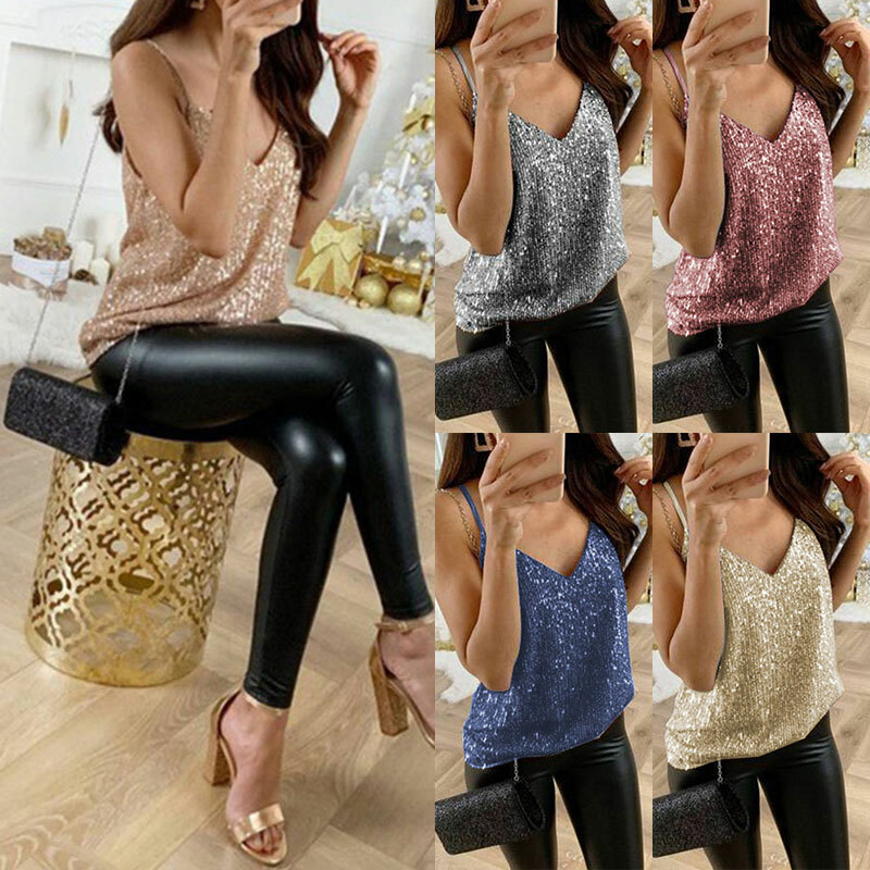 Sexy Women Glitter Sequin Strappy Tank Top Casual Sleeveless Party Vest T-Shirt/