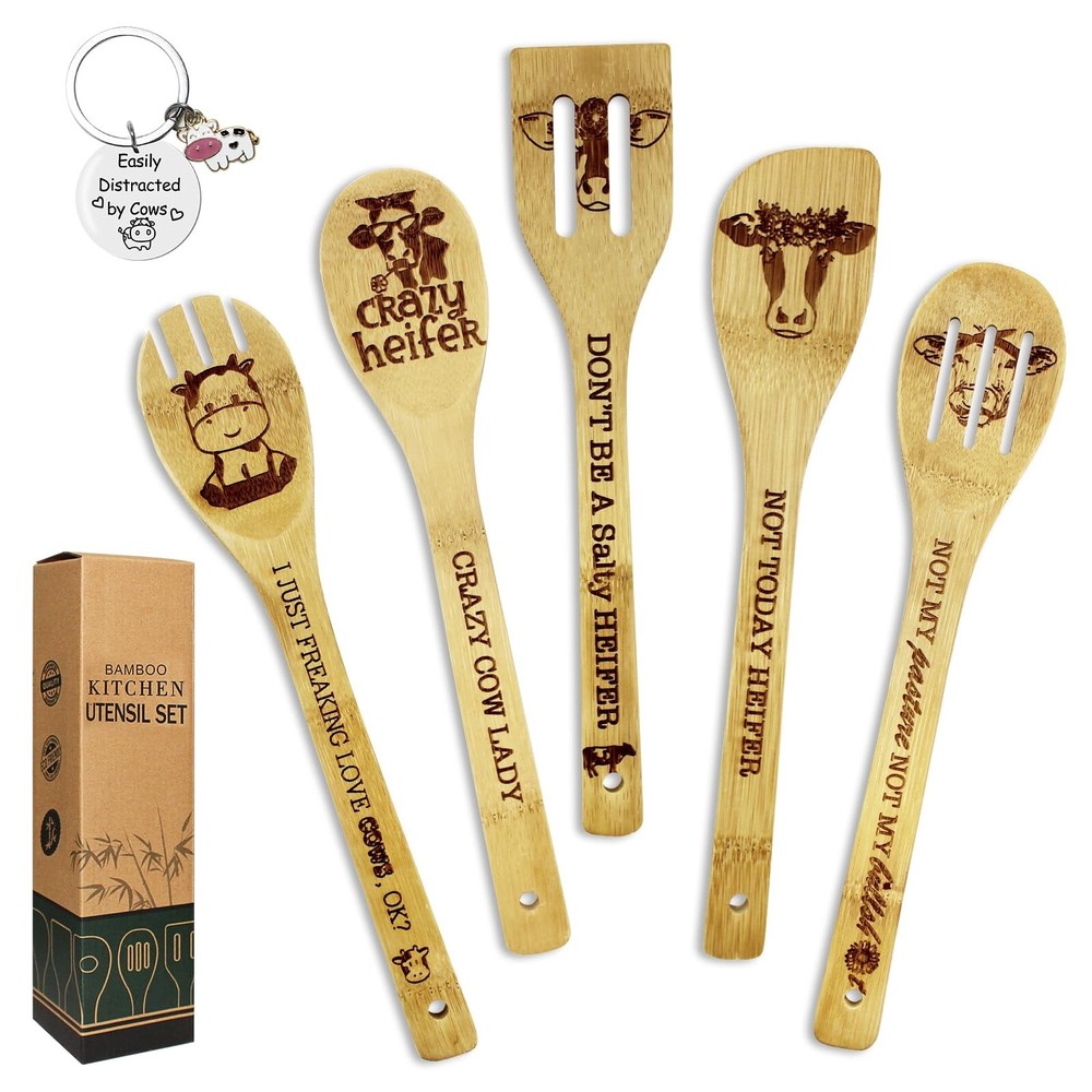 6PCS Cow Gifts Set Cow Themed Gifts for Women, Unique Cow Print Bamboo Spoons...