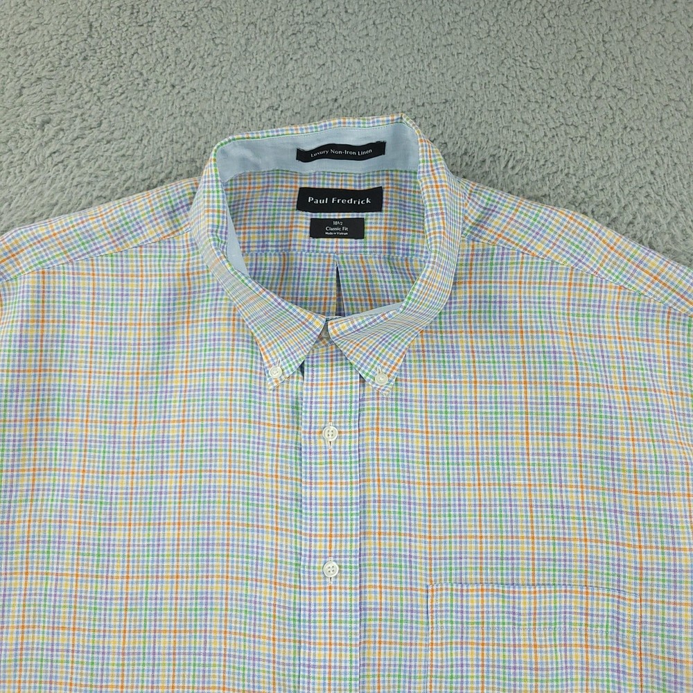 Paul Fredrick Shirt Mens 18.5 Multicolor Plaid Linen Classic Fit Short Sleeve