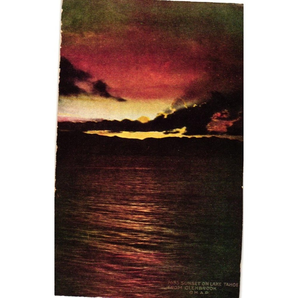 Vintage Sunset on Lake Tahoe from Glenbrook Postcard Overland Limited Steamers