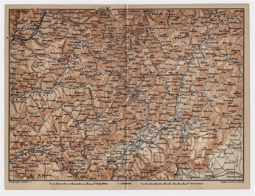 1903 Original Antique Map Of South Tyrol Bozen Bolzano Belluno Italy Austria