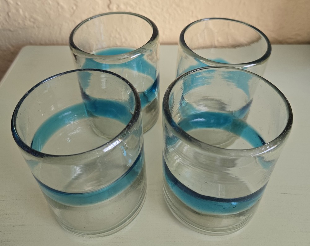 Vintage Mexican Glass 4 Hand Blown Tumblers With Anquemarian Blue Band Recycled