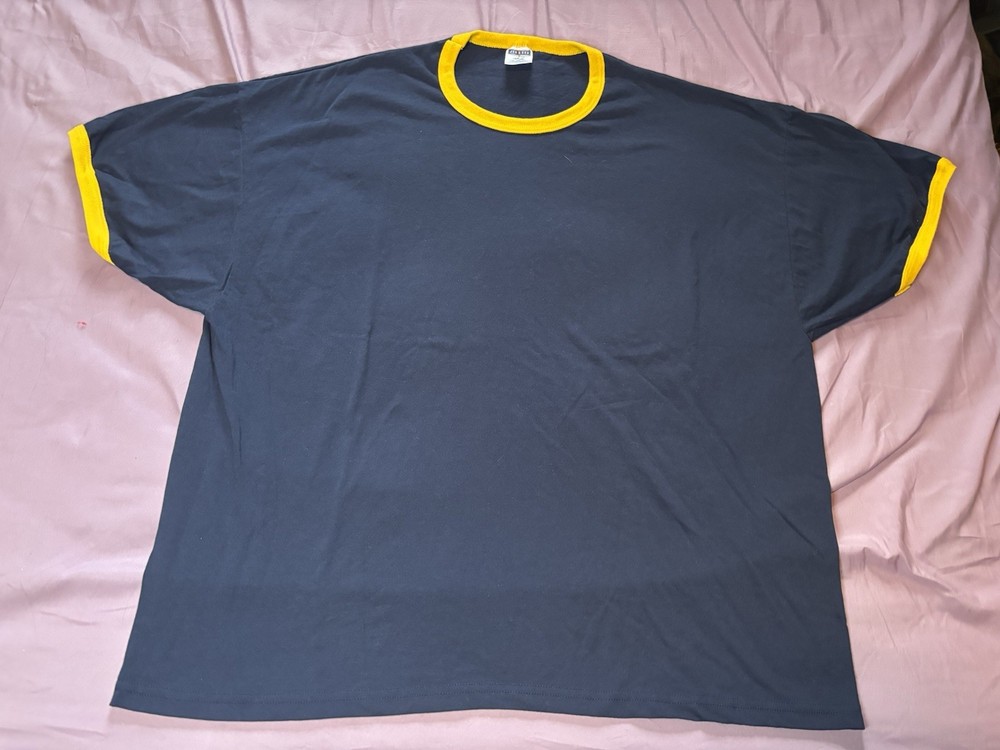 Vintage Jerzees Blank Ringer Shirt Mens 3XL Blue Yellow 90s Heavyweight Blend