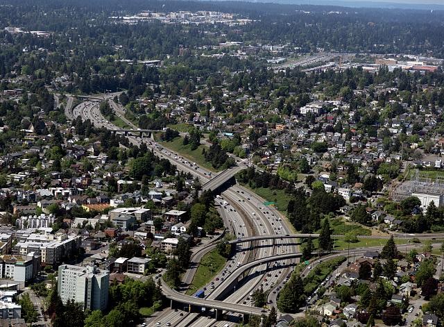 the West Aerial Seattle 405 through Interstate of Highway view suburbs of