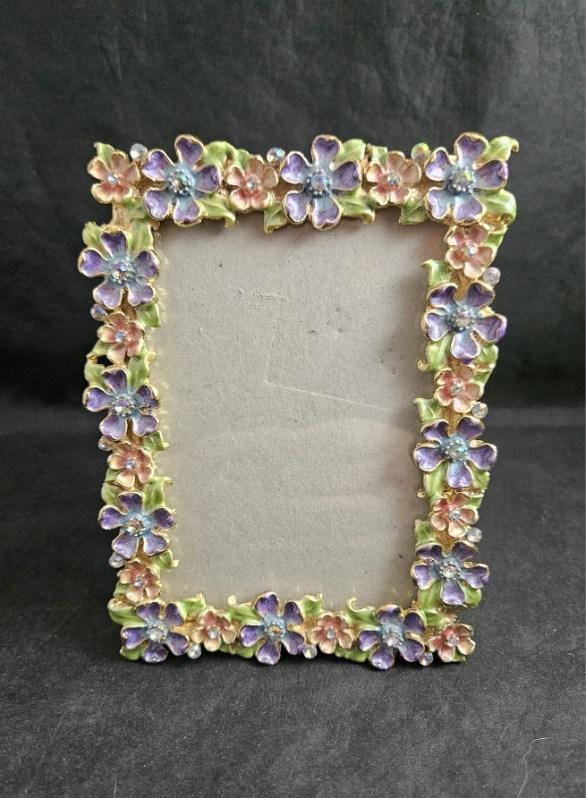 Vintage Metal Enameled Flowers w/Crystals Purple, Pink, Blue Green Picture Frame