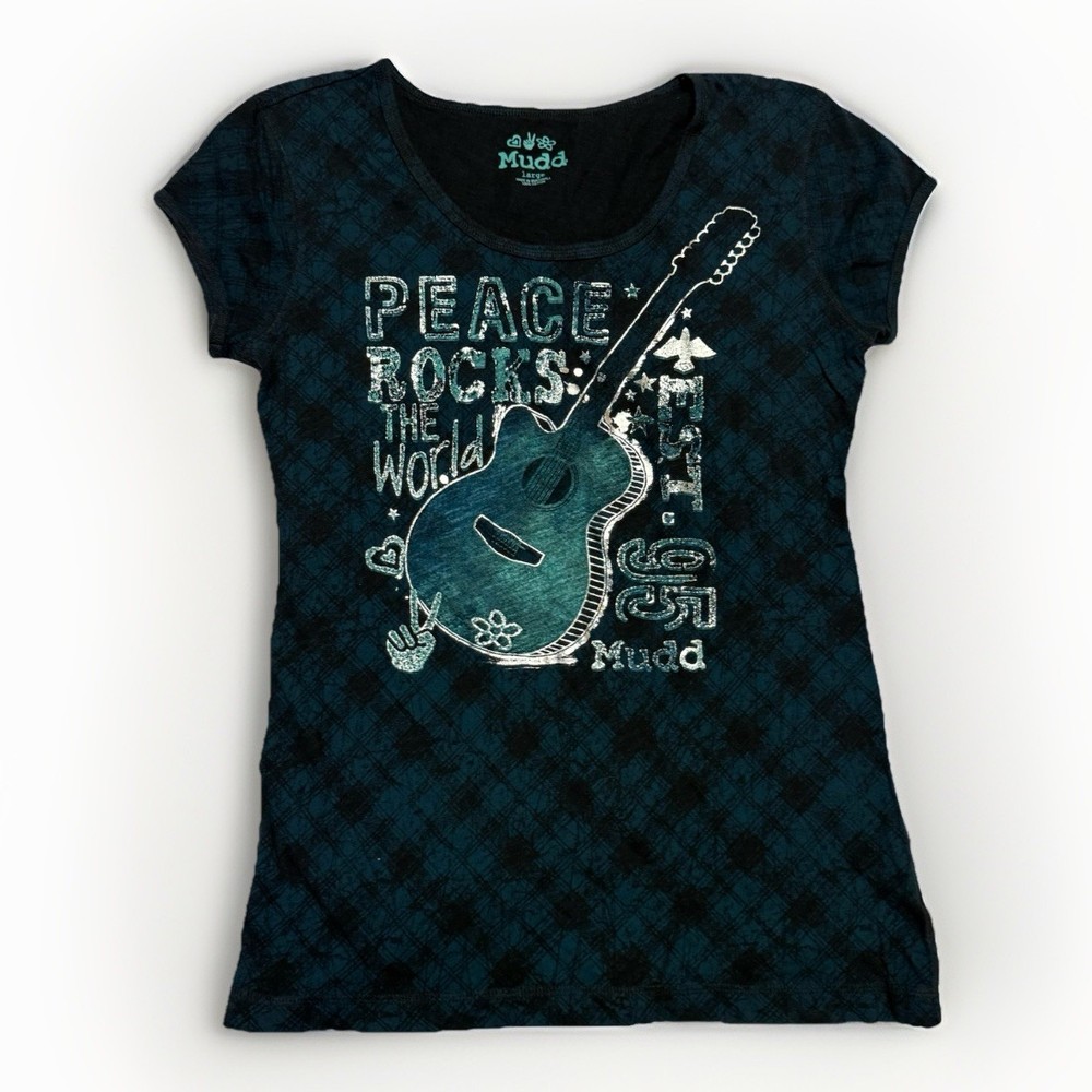 Vintage Mudd Women's Size L Black Graphic T-shirt Peace Music Theme Teal Green