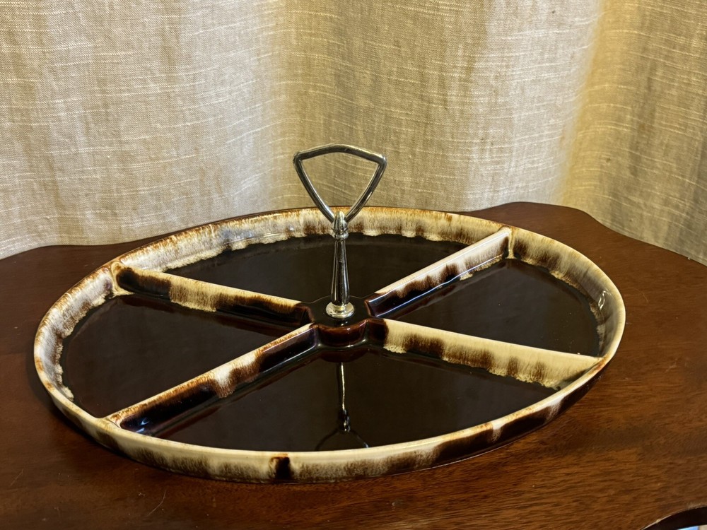 Pfaltzgraff Handle Divided Relish Serving Platter w/handle Brown Drip USA-397