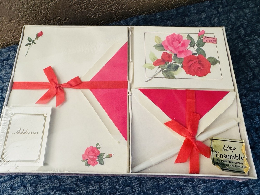 VTG Whiting's Ensemble 30 Envelopes Letter BOX Set Pink Roses Stationery 50 Shts