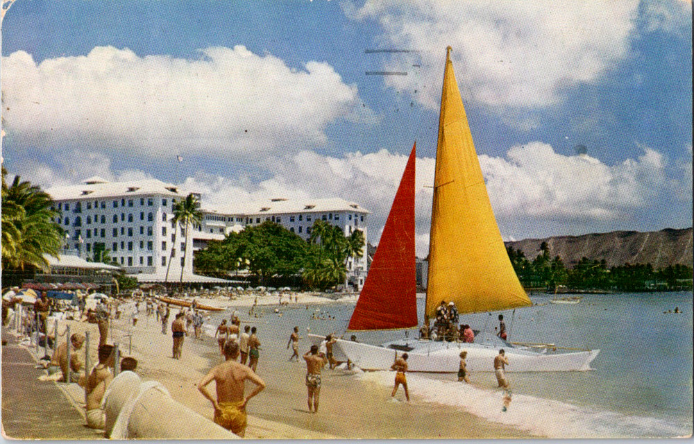 Vintage Postcard Catamaran At Waikiki Honolulu Hawaii