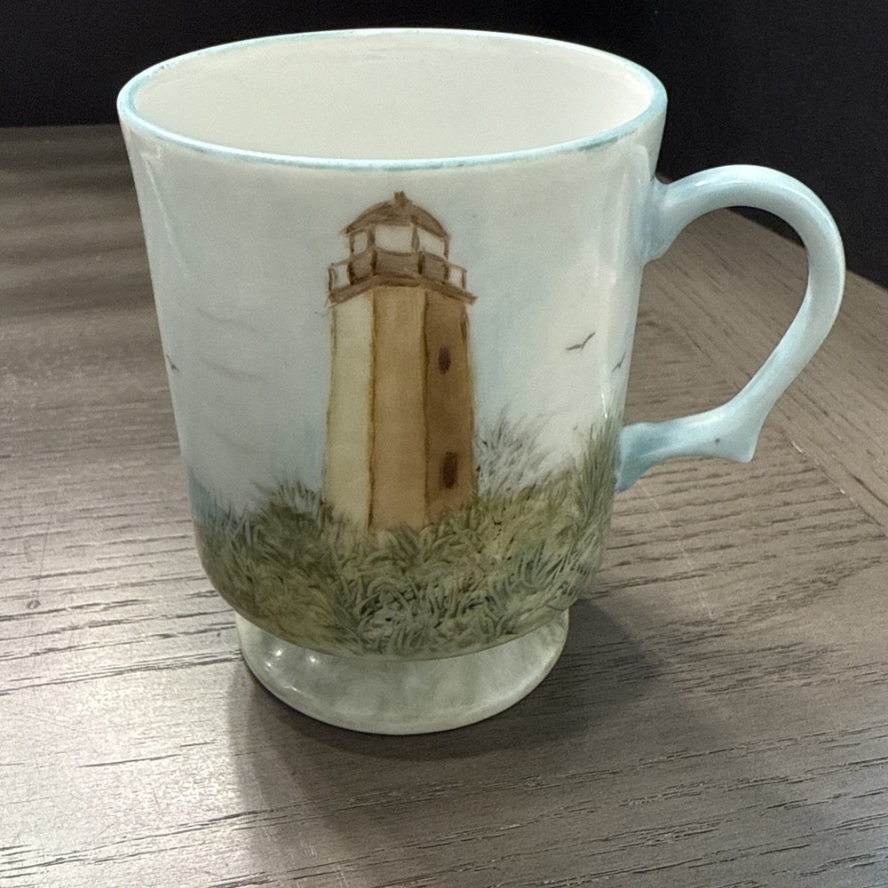 VTG Otagiri Style Handpainted Coffee Tea Pedestal Mug Cup Lighthouse Ocean